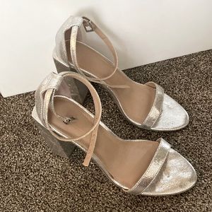 Silver ASOS block heels, wrap around ankle